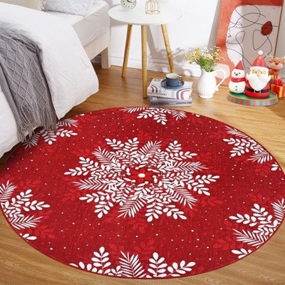 Washable Rug Christmas Rug for Living Room Non-Slip Snowflakes Floor Cover Low Pile  Foldable Green Christmas Rugs