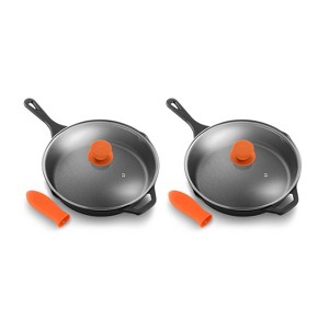 NutriChef 10 Inch Pre Seasoned Nonstick Cast Iron Skillet Frying Pan Kitchen Cookware Set w/ Tempered Glass Lid & Silicone Handle Cover (2 Pack) - 1 of 4
