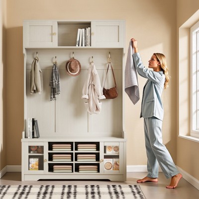 Luck Live Bathroom Storage Cabinet, 46.45 Inches High, with Stool Storage Function and Four-Hook Entry Organizer