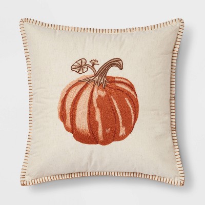 Embroidered Pumpkin Square Throw Pillow Neutral/Orange - Threshold™