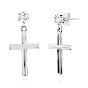 Metallo Stainless Steel Polished Cross & CZ Earrings - Silver - 1 of 2