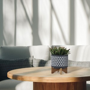 Okak Modern Ceramic Plant Pot with Wooden Stand Elevated Flower Planter for Herbs, Vegetables, Fruits, Indoor&Outdoor, 2 Pack&1 Pack,10 Options - 1 of 4