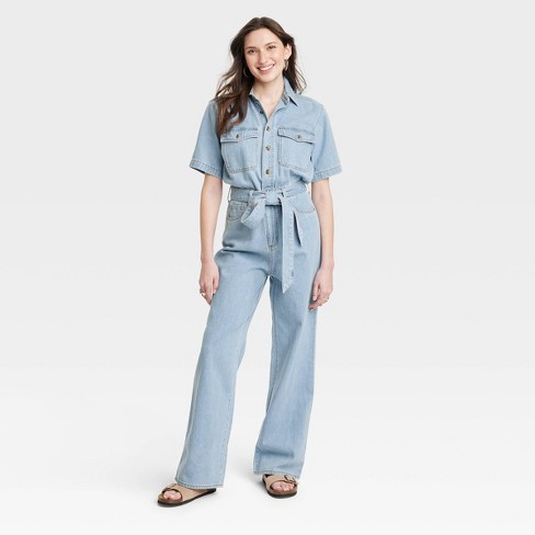 Short Sleeve Medium Wash Denim Jumpsuit