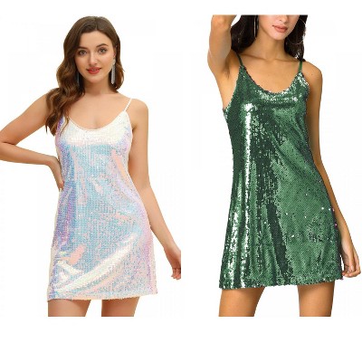 Allegra K Women's Glitter Sequin Spaghetti Strap V Neck Cocktail Sparkly Mini Dress 2 Packs