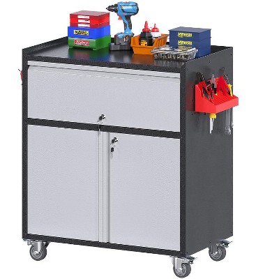 AOBABO Rolling Lockable Metal Storage Freestanding Cabinet with Pegboard, Hooks,drawer in Black and Gray