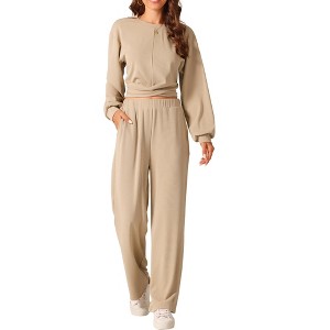 Seta T Women's Two Piece Outfits Front Cropped Sweatshirt and Wide Leg Sweatpant Tracksuit Lounge Set - 1 of 4