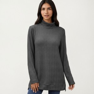 Anna-Kaci Women's Long Sleeve Collared Knit Top with Subtle Textured Pattern and Relaxed Fit - 1 of 4