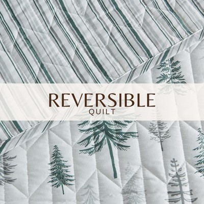 Twin XL Grey and Green Reversible Woodland Quilt Set