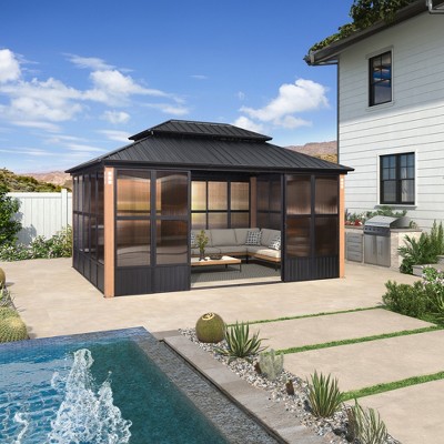 PURPLE LEAF Permanent Hardtop PC Frame Gazebo with Galvanized Steel Double Roof, Solarium Backyard Sunroom