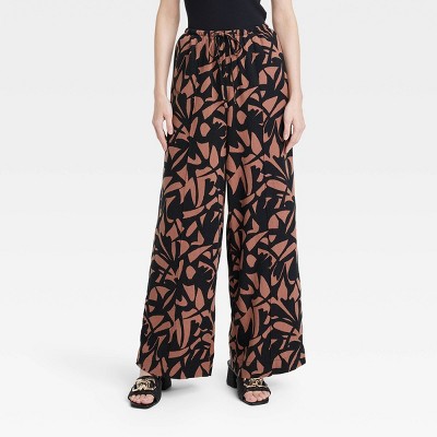 Image of Women's High-Rise Wide Leg Linen Pull-On Pants - A New Day™ Black/Brown Geometric XS