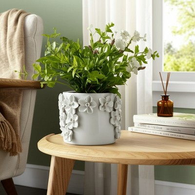 Planter Stoneware Ceramic Floral Design with Raised 3D Sculpted Flowers and Glossy Handcrafted Texture Detailing