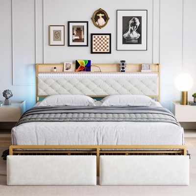 Queen LED Bed Frame with Headboard, Upholstered Platform Bed with Charge Station and Storage Drawers