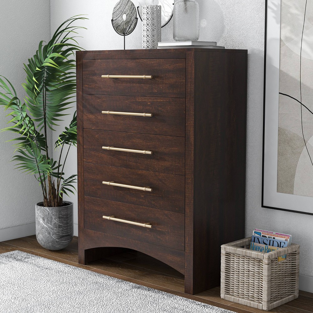 Melonnes 5 Drawer Chest Walnut - HOMES: Inside + Out: Contemporary Bedroom Storage, 48" Height