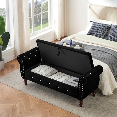 CAVINAS Modern Rectangular Crystal Buckle Ottoman Bench with Storage,Wooden Storage Ottoman for Living Room