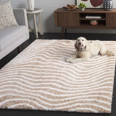 Gold and Ivory Striped Shag Area Rug, 4' x 6'