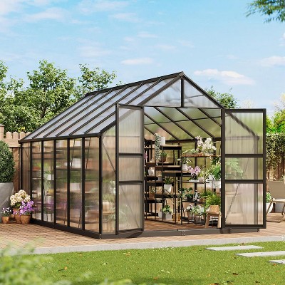 12 x 8 FT Greenhouse, Greenhouse with Aluminum Frame, Lockable Door and Ajustable Roof Vent  for Outside Garden Backyard, Patio, Black