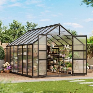 12 x 8 FT Greenhouse, Greenhouse with Aluminum Frame, Lockable Door and Ajustable Roof Vent  for Outside Garden Backyard, Patio, Black - 1 of 4