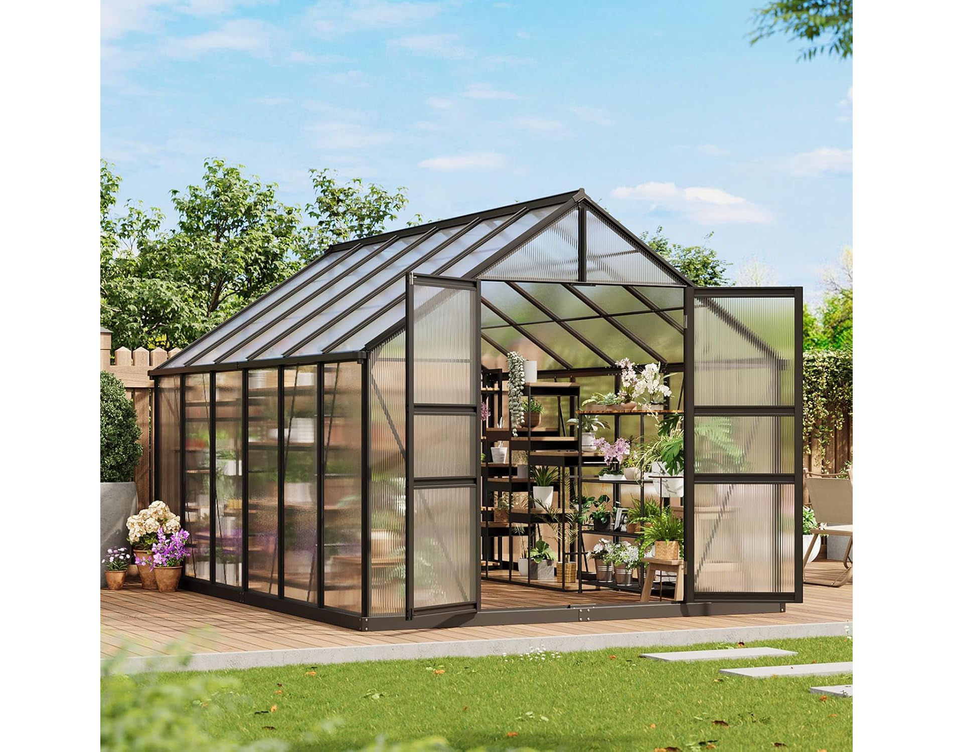 12 x 8 FT Greenhouse, Greenhouse with Aluminum Frame, Lockable Door and Ajustable Roof Vent  for Outside Garden Backyard, Patio, Black