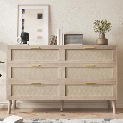 6 Drawer Dresser for Bedroom, Natural Rattan Dresser with Metal Handles, Farmhouse Chest of Drawer for Living Room, Hallway, Entryway