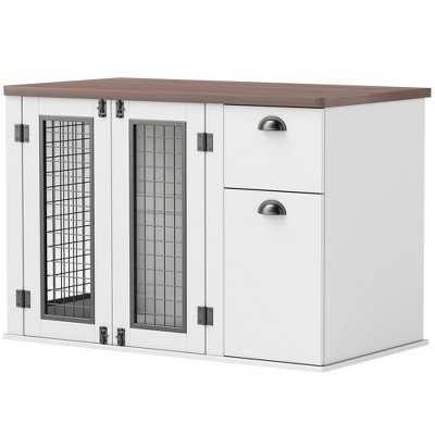 White Engineered Wood and Steel Dog Crate Table with Storage