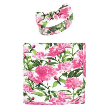 Touched by Nature Baby Girl Organic Cotton Swaddle Blanket and Headband or Cap, Peonies, One Size