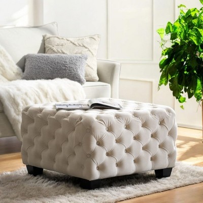 Alilang 29.00 inches Square Tufted Ottoman with Upholstered Design and Wooden Legs-White