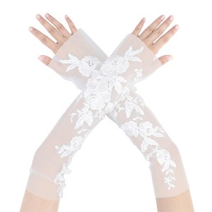 INSPIRE CHIC Women's Lace Floral Pearl Bowknot Polka Point Arm Fingerness Length Sleeves for Elegant Bridge Wedding Gloves 1 Pair - 1 of 4