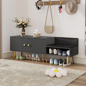 Modern Shoe Storage Bench with Hidden Storage and Upholstered Cushions for Bedside (Navy) - 1 of 4