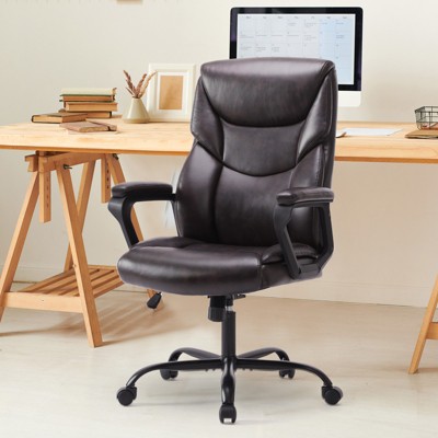 FURNIinspire Task And Office Chairs PU Leather Office Chair With Lumbar Support, Strong Metal Base, Fixed Armrest, Brown, 26"*30"*48"
