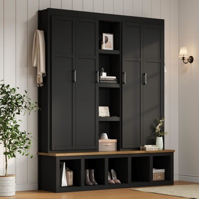 White Hall Tree with 6 Hanging Hooks Mudroom Wood Grain Bench with Open Compartments Entryway Shoe Cabinet with Seating Bench