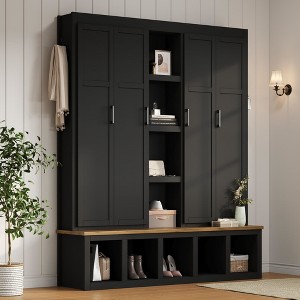 White Hall Tree with 6 Hanging Hooks Mudroom Wood Grain Bench with Open Compartments Entryway Shoe Cabinet with Seating Bench - 1 of 4