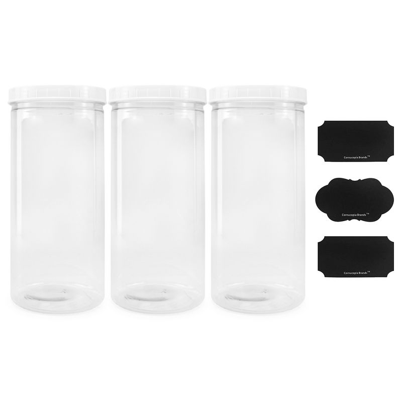 Cornucopia Brands 2.5qt Tall Clear Plastic Canisters w Lids and Labels 3pk, 10 cups; 10in Tall BPA-free PET Plastic 80oz Jars, 1 of 9