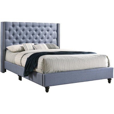 Elegant Blue Velvet Queen Bed with Tufted and Nailhead Details