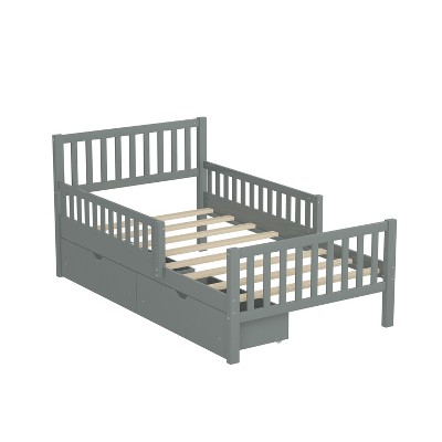 Vynxaria Twin Size Wood Platform Bed with Guardrails and Two Storage Drawers in White