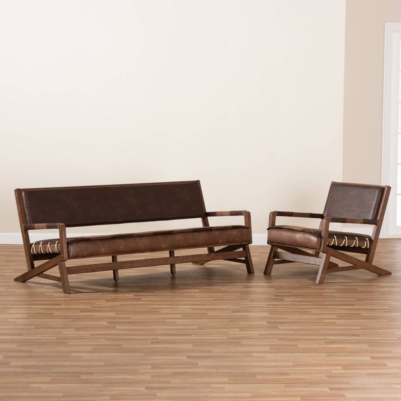 2pc Rovelyn Faux Leather Walnut Finished Wood Living Room Set Brown - Baxton Studio, 5 of 9