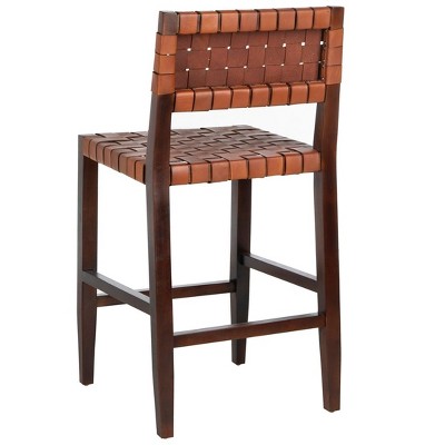 Cognac Woven Leather and Walnut Counter Stool