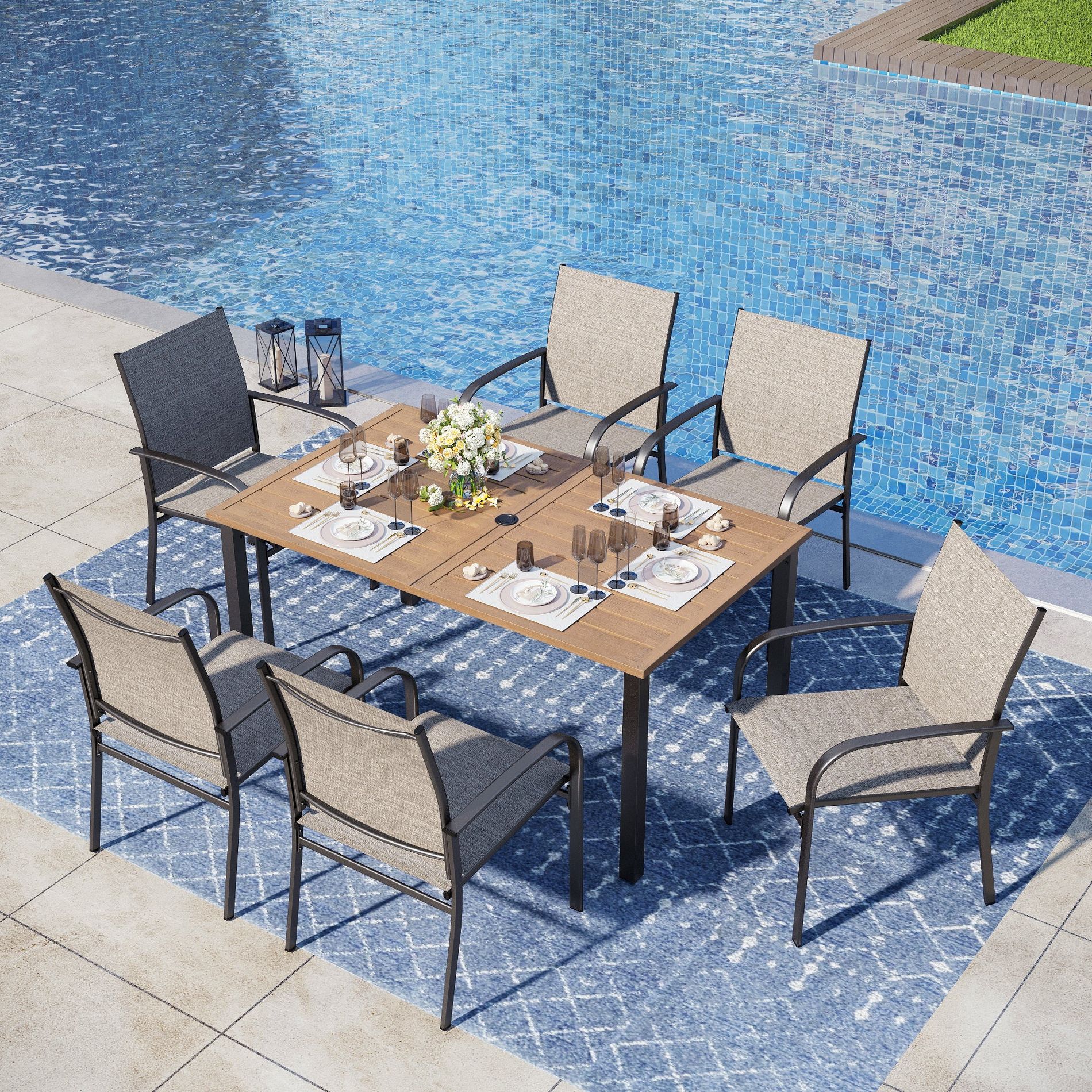 Captiva Designs 7pc Patio Dining Set with Outdoor Wood-look Slatted Top Steel Table & Light Brown Sling Fixed Chairs