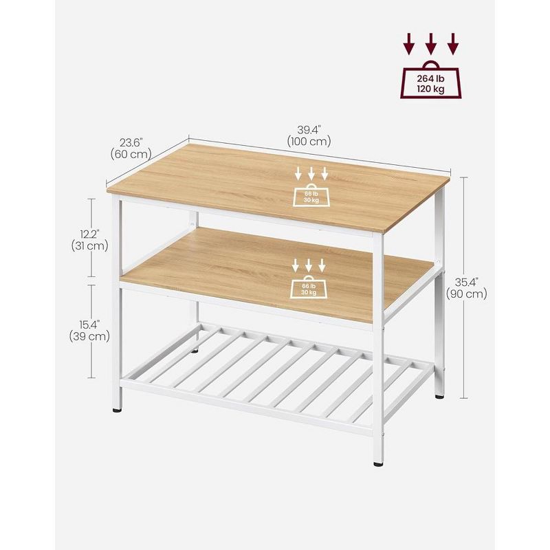 VASAGLE Kitchen Island with 3 Shelves, 39.4 Inches Kitchen Shelf with Large Worktop, Stable Steel Structure, Oak Color and White, 3 of 8