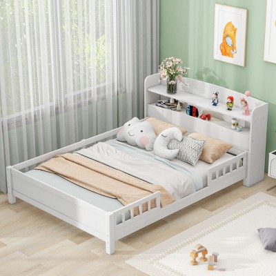 ALEXOUN Bed Frame with Rails for Kids,Wood Low Platform Beds with Storage Headboard & Slat Support for Kids,Teens,No Box Spring Needed