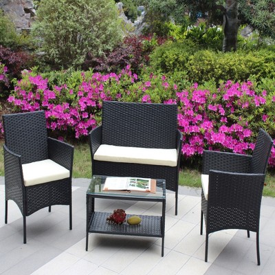 SKRAN 4pcs Patio Furniture Outdoor Wicker Rattan Conversation Set with Glass Top Coffee Table and Thick Cushions,for Patio, Garden