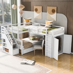 Twin-Twin Over Full L-Shaped Bunk Bed With 3 Drawers, Portable Desk and Wardrobe - 1 of 4