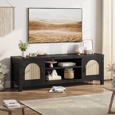 59" TV Stand with Rattan Doors, Adjustable Shelves, and 2-Tier Open Storage, Boho Wood Media Console for Living Room Entertainment
