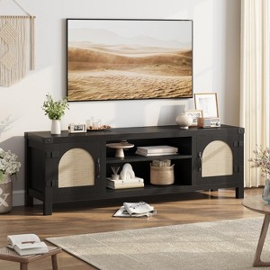 59" TV Stand with Rattan Doors, Adjustable Shelves, and 2-Tier Open Storage, Boho Wood Media Console for Living Room Entertainment - 1 of 4