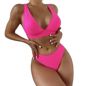 Womens Bikini Sets 2 Piece Swimsuits Thong Bikini Set High Waisted V Neck Swimsuit High Cut Bikini V Neck Bathing Suit Beach Swimwear - 1 of 4