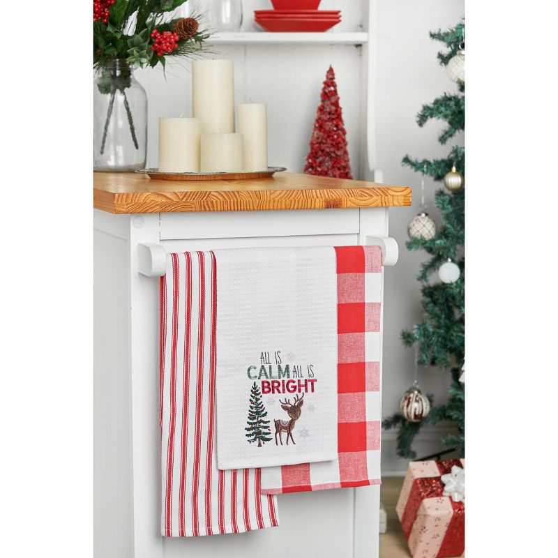 C&F Home 27" x 18" Christmas Holiday "All is Calm All is Bring" Sentiment with Reindeer Embroidered Waffle Weave Cotton Kitchen DishTowel, 3 of 5