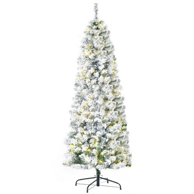 TopComfy Christmas Tree Stand Pre Lit Snow Flocked Slim Douglas Fir Tree with Easy Assembly for Modern Holiday Decor, Green, 26.8"*26.8"*70.8"