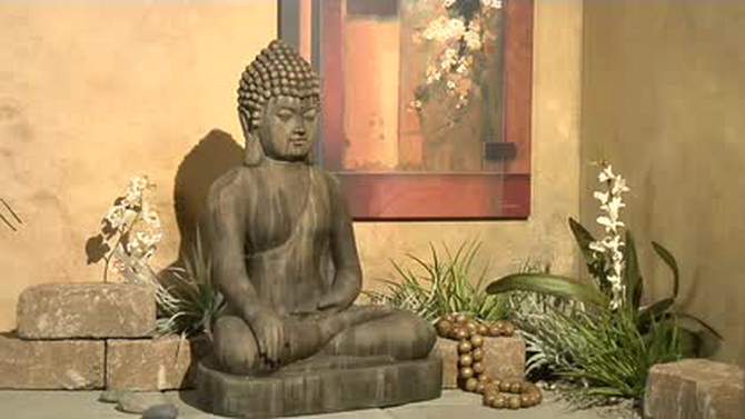 John Timberland Sitting Buddha Statue Sculpture Zen Decor Outdoor Garden Front Porch Patio Yard Outside Weathered Light Sandstone Finish 29 1/2" Tall, 2 of 10, play video