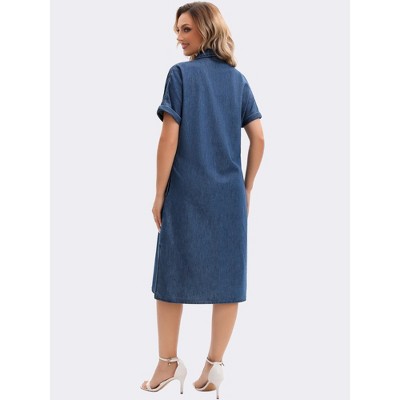 Женские платья INSPIRE CHIC Women's Midi Denim Summer Short Sleeve Button Down Casual Long Tunic Jean Shirt Dress X-Large Navy Blue — фото 3