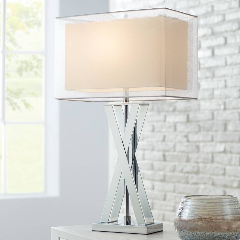 Possini Euro Design Proxima Modern Table Lamp 28" Tall Chrome Crisscrossing Metal Sheer Outer White Inner Rectangular Shade for Bedroom House Home, 2 of 10