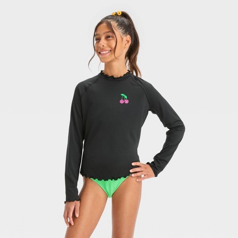 Girls' Cherries Printed Rash Guard Swim Top - Art Class™ Black